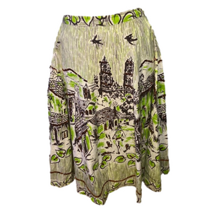 Bernardo A-Line Skirt Village Print Scattered Sequins Green Brown 4